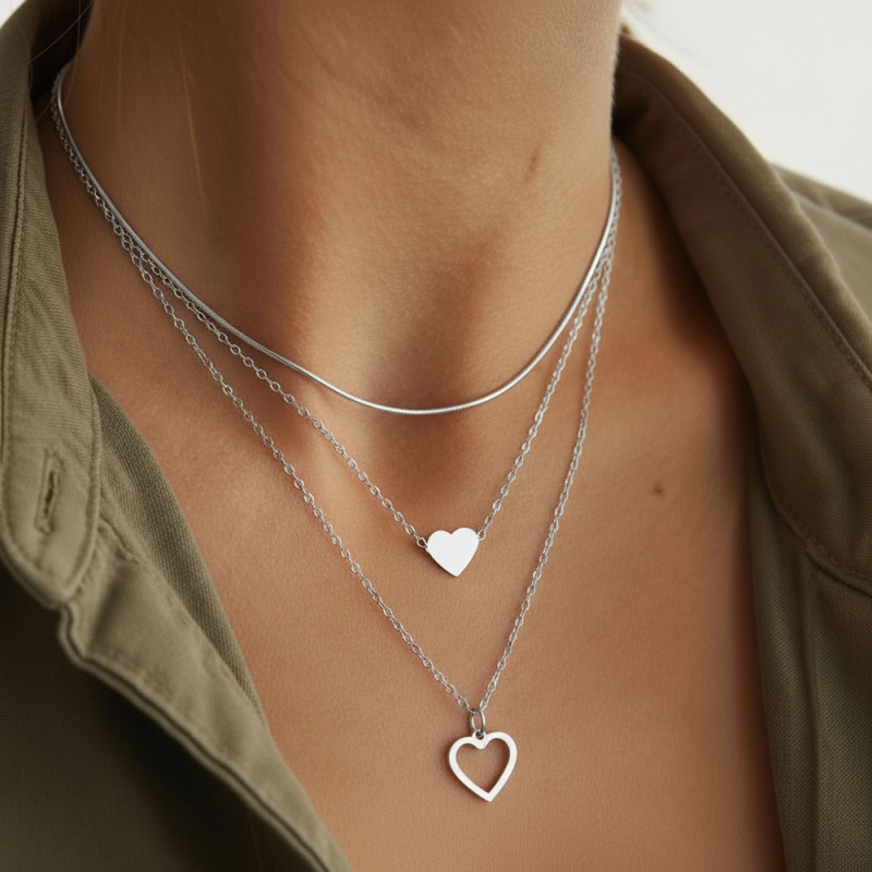 Nerđajući čelik, 18K pozlaćeni premaz, dvostruki srce privjesak, višeslojni lanac, trodijelni set, personalizirani luksuzni nakit