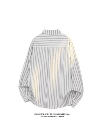 Cămașă-jachetă în stil american retro, cu dungi gri-albe, mâneci lungi, primăvară, croială lejeră