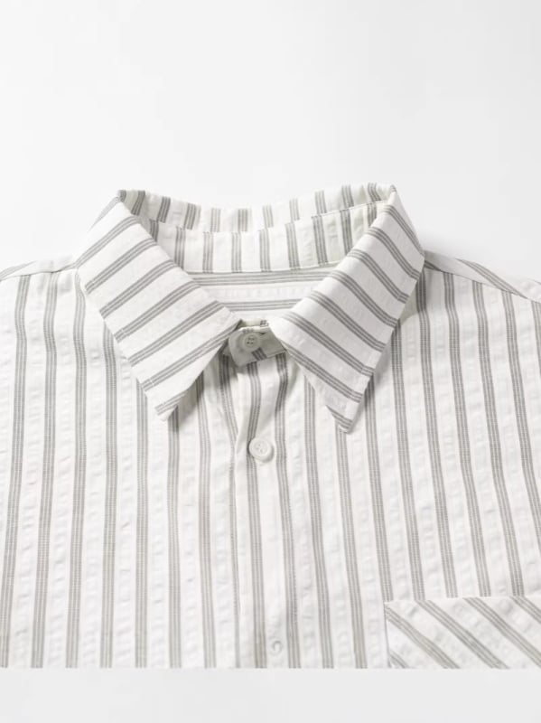 Cămașă-jachetă în stil american retro, cu dungi gri-albe, mâneci lungi, primăvară, croială lejeră