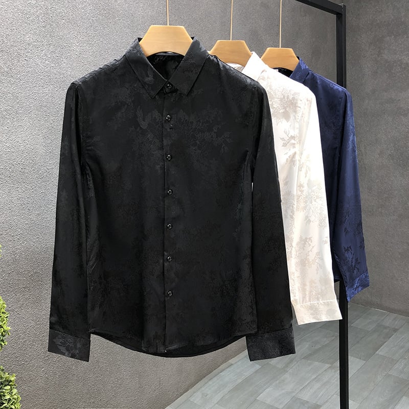 Cămașă masculină de lux, toamna 2024, mâneci lungi, model întunecat subtil, croială slim, stil modern