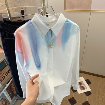 Férfi gradientes tie-dye mintájú laza szabású hosszú ujjú ing, tavasz–ősz, mindennapi viseletre, álló gallérral