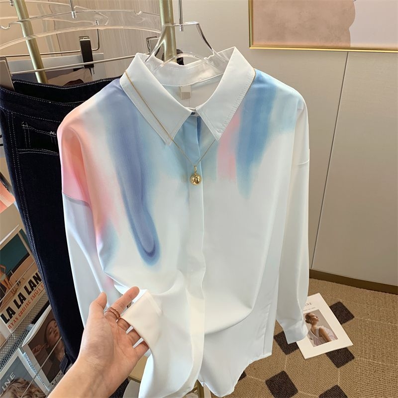 Férfi gradientes tie-dye mintájú laza szabású hosszú ujjú ing, tavasz–ősz, mindennapi viseletre, álló gallérral