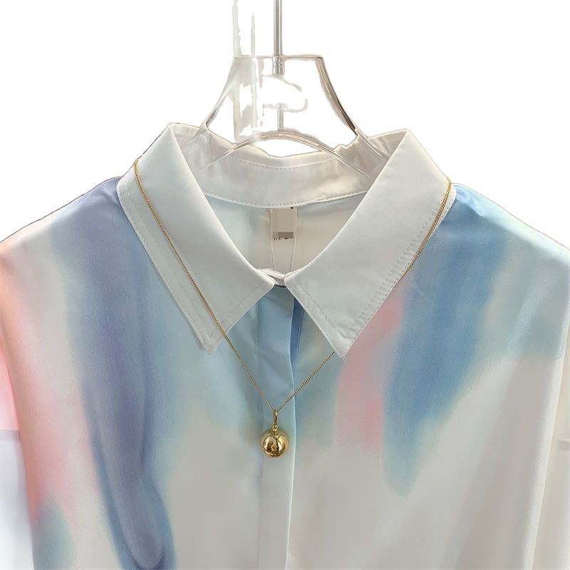 Férfi gradientes tie-dye mintájú laza szabású hosszú ujjú ing, tavasz–ősz, mindennapi viseletre, álló gallérral