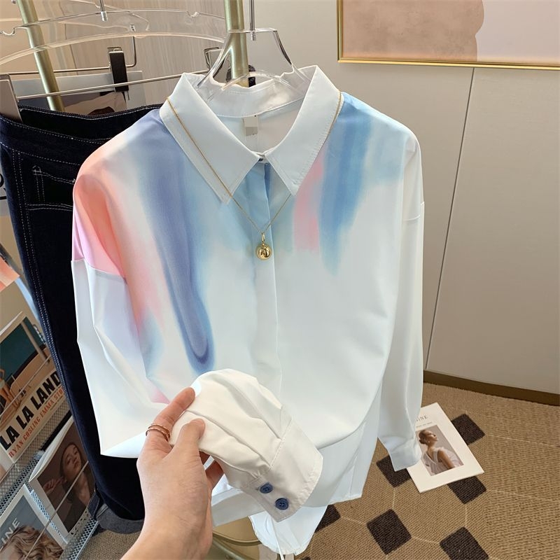 Férfi gradientes tie-dye mintájú laza szabású hosszú ujjú ing, tavasz–ősz, mindennapi viseletre, álló gallérral