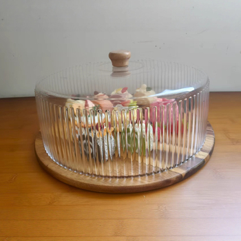 Átlátszó tálfedél, akácfa vágódeszka, tortafedél, vajtartó, porvédő fedél