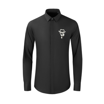 Cămașă bărbați cu mâneci lungi pentru toamnă-iarnă, decor cu logo, fără călcare, croială slim, amestec premium de bumbac