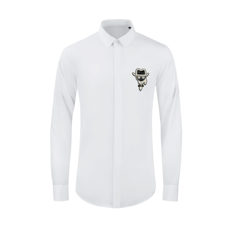 Cămașă bărbați cu mâneci lungi pentru toamnă-iarnă, decor cu logo, fără călcare, croială slim, amestec premium de bumbac