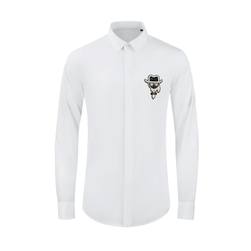Cămașă bărbați cu mâneci lungi pentru toamnă-iarnă, decor cu logo, fără călcare, croială slim, amestec premium de bumbac