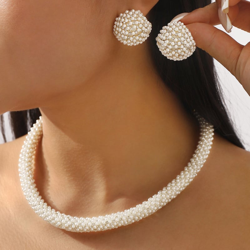 N12747 Elegantni set perlastih naušnica i ogrlice, francuski stil, za svečane događaje i vjenčanja