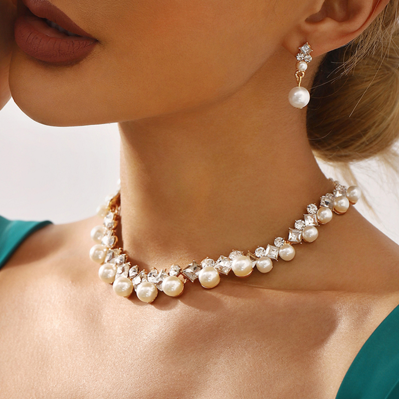 N12747 Elegantni set perlastih naušnica i ogrlice, francuski stil, za svečane događaje i vjenčanja