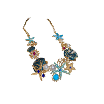 Set naušnica i lančić za ključnu kost; motivi oceanskog života: morska zvijezda, školjka, koral; rhinestones; ručna izrada; luksuzni komadi