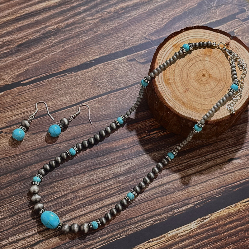 Boho ogrlica s tirkiznim perlama, naušnice s privjeskom od prirodnog kamena, vintage set nakita