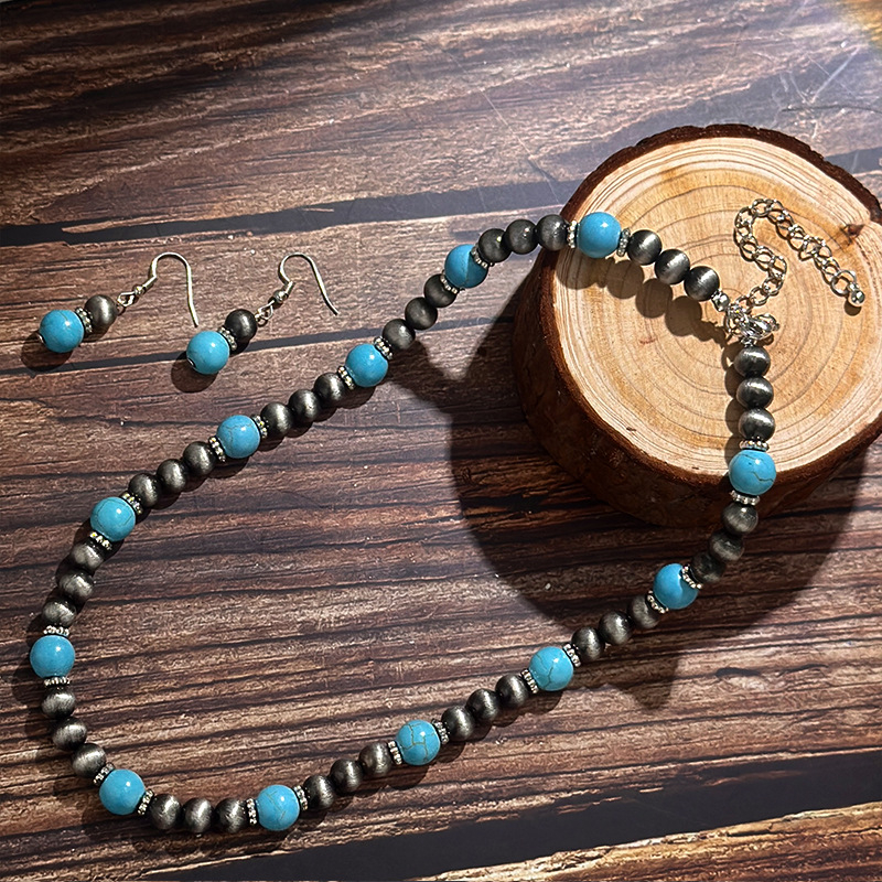 Boho ogrlica s tirkiznim perlama, naušnice s privjeskom od prirodnog kamena, vintage set nakita