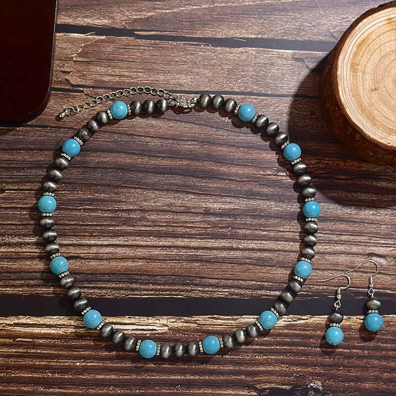 Boho ogrlica s tirkiznim perlama, naušnice s privjeskom od prirodnog kamena, vintage set nakita