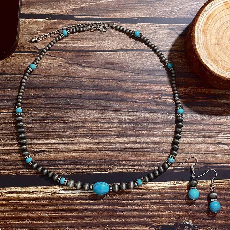 Boho ogrlica s tirkiznim perlama, naušnice s privjeskom od prirodnog kamena, vintage set nakita