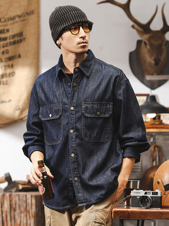 Amerikai retro topstitch denim férfiaknak, egyszínű, hosszú ujjú, munkaruházati stílusú ing-kabát, tavasz–ősz–téli
