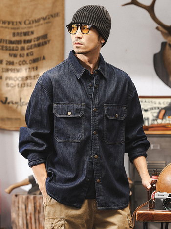 Amerikai retro topstitch denim férfiaknak, egyszínű, hosszú ujjú, munkaruházati stílusú ing-kabát, tavasz–ősz–téli
