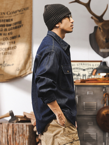 Amerikai retro topstitch denim férfiaknak, egyszínű, hosszú ujjú, munkaruházati stílusú ing-kabát, tavasz–ősz–téli