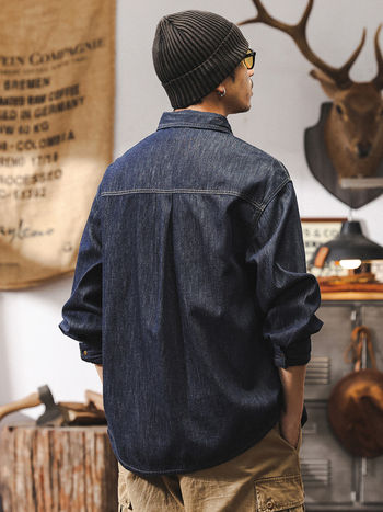 Amerikai retro topstitch denim férfiaknak, egyszínű, hosszú ujjú, munkaruházati stílusú ing-kabát, tavasz–ősz–téli