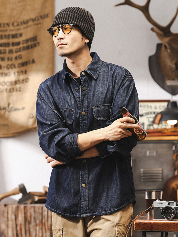 Amerikai retro topstitch denim férfiaknak, egyszínű, hosszú ujjú, munkaruházati stílusú ing-kabát, tavasz–ősz–téli