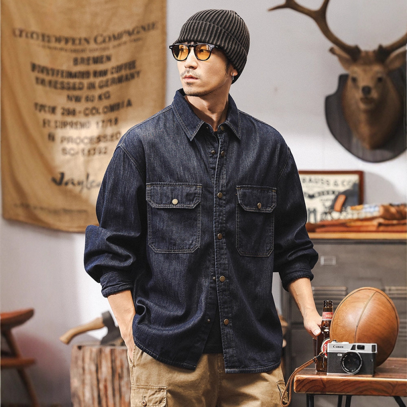 Amerikai retro topstitch denim férfiaknak, egyszínű, hosszú ujjú, munkaruházati stílusú ing-kabát, tavasz–ősz–téli