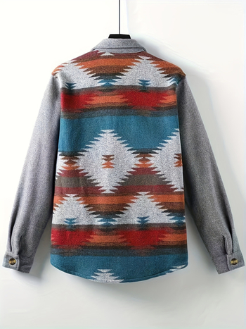 Férfi őszi-téli etnikus geometriai mintás ingdzseki, laza szabású, retro casual külsőruha