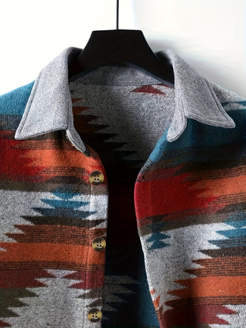 Férfi őszi-téli etnikus geometriai mintás ingdzseki, laza szabású, retro casual külsőruha