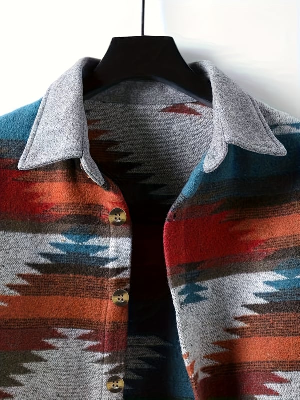 Férfi őszi-téli etnikus geometriai mintás ingdzseki, laza szabású, retro casual külsőruha