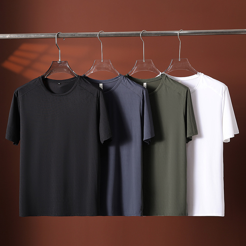 Tricou fără călcare, cu textură de bambus, uscare rapidă, material Ice Silk, guler rotund, mâneci scurte, pentru bărbați, sport, ușor și respirabil