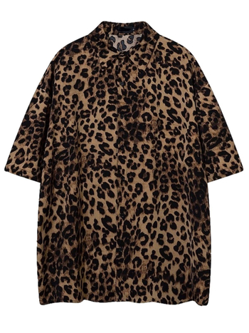 Férfiaknak szóló amerikai stílusú retro leopard nyomott rövid ujjú ing oversize lazán szabott, könnyű nyári anyag.
