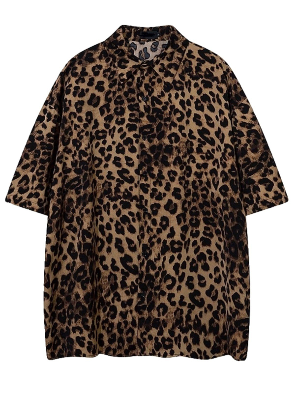 Férfiaknak szóló amerikai stílusú retro leopard nyomott rövid ujjú ing oversize lazán szabott, könnyű nyári anyag.