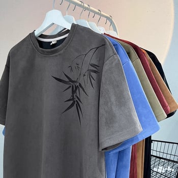 Muško T‑shirt s kratkim rukavima u kineskom stilu, ljeto 2025, teški velur, američka trend marka, okrugli izrez, slobodan kroj