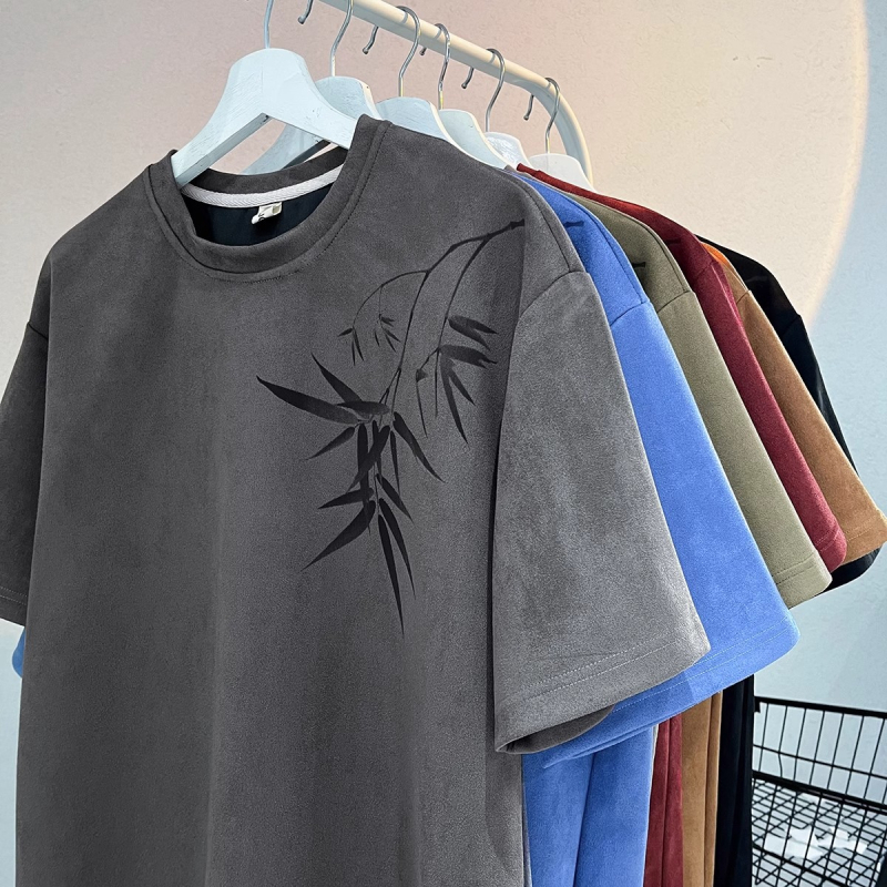 Muško T‑shirt s kratkim rukavima u kineskom stilu, ljeto 2025, teški velur, američka trend marka, okrugli izrez, slobodan kroj