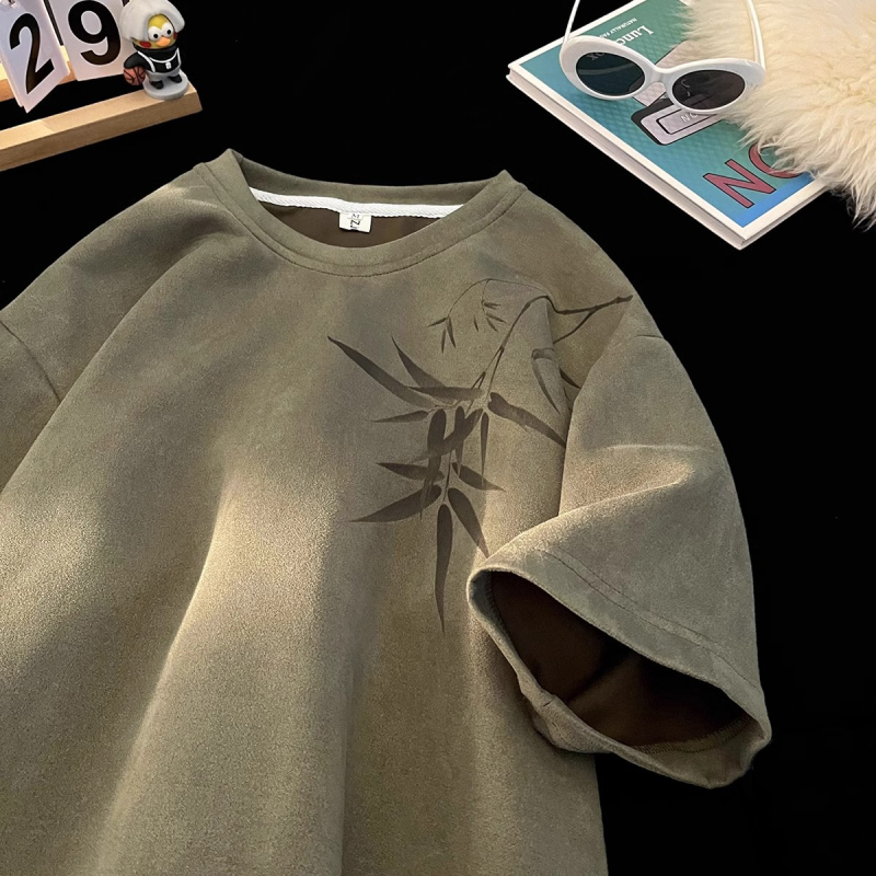 Muško T‑shirt s kratkim rukavima u kineskom stilu, ljeto 2025, teški velur, američka trend marka, okrugli izrez, slobodan kroj