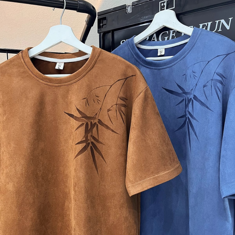 Muško T‑shirt s kratkim rukavima u kineskom stilu, ljeto 2025, teški velur, američka trend marka, okrugli izrez, slobodan kroj