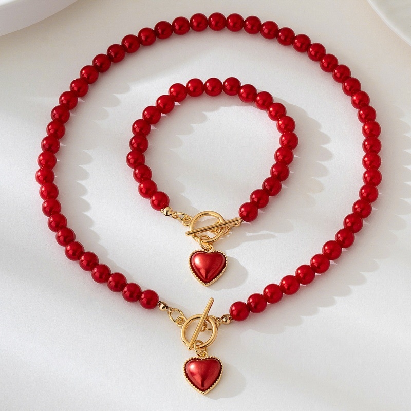Ženski set narukvice i ogrlice s perlama – europsko-američki stil, diskretan luksuz, srcoliki privjesak na kratkom lancu ključne kosti