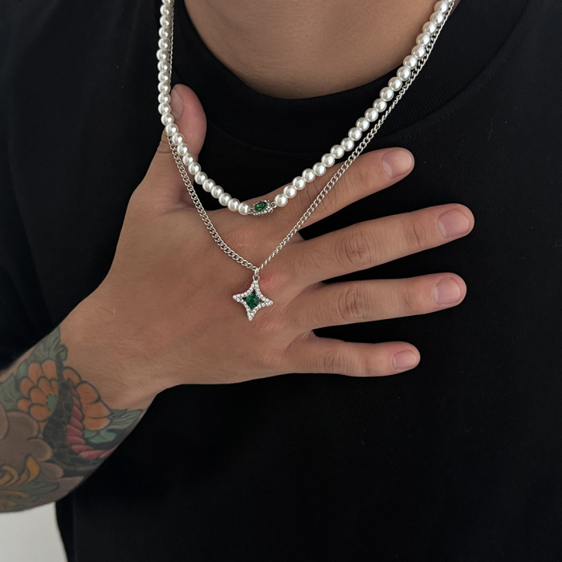 Muški set ogrlica s perlama – višeslojni klavikularni lanac s geometrijskim privjeskom, hip-hop stil