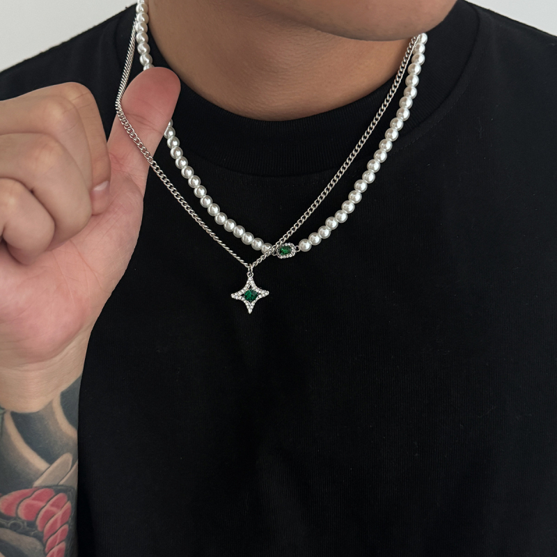 Muški set ogrlica s perlama – višeslojni klavikularni lanac s geometrijskim privjeskom, hip-hop stil