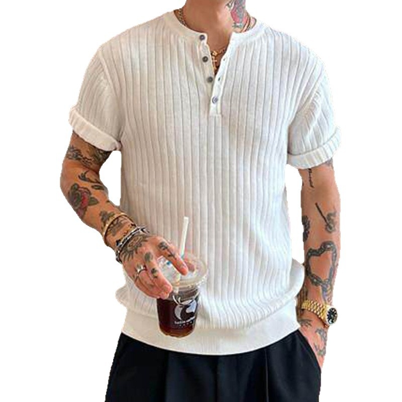 Férfi kötött rövid ujjú Henley galléros póló, karcsú szabás, egyszínű, ice silk anyag, nyár, Old-Money stílus