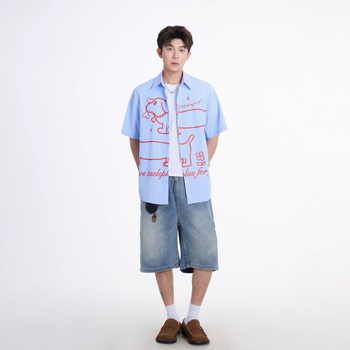 Koreai stílusú Preppy rövid ujjú csíkos ing, karikatúras kutyás nyomtatással, nyári laza szabás