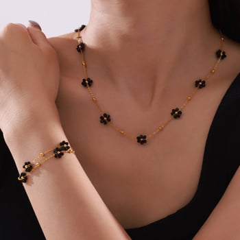 Σετ κοσμημάτων unisex από τιτάνιο ατσάλι με φυσικούς λίθους σε χάντρες, σχέδιο σε σχήμα λουλουδιού, βρετανικό vintage στυλ