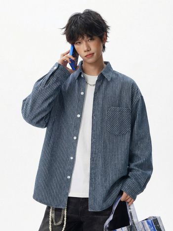 Vintage csíkos mosott denim hosszú ujjú ing, férfiaknak, tavaszi laza szabás, hátoldali elválasztó dizájn, japán stílus
