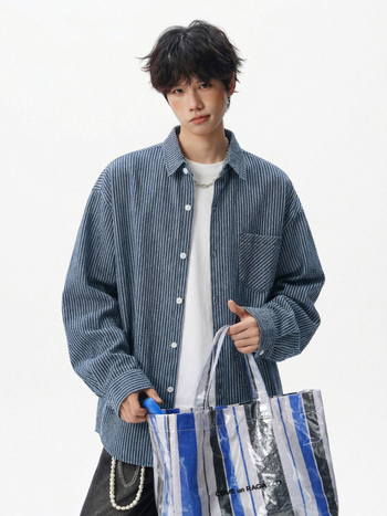 Vintage csíkos mosott denim hosszú ujjú ing, férfiaknak, tavaszi laza szabás, hátoldali elválasztó dizájn, japán stílus