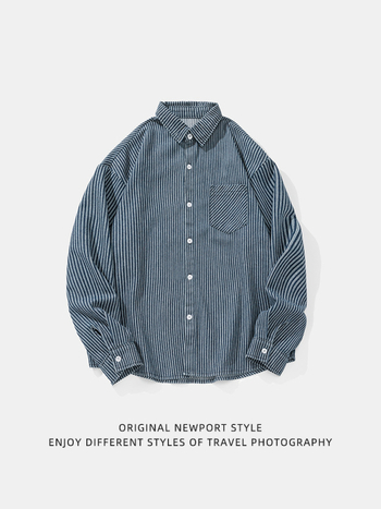 Vintage csíkos mosott denim hosszú ujjú ing, férfiaknak, tavaszi laza szabás, hátoldali elválasztó dizájn, japán stílus