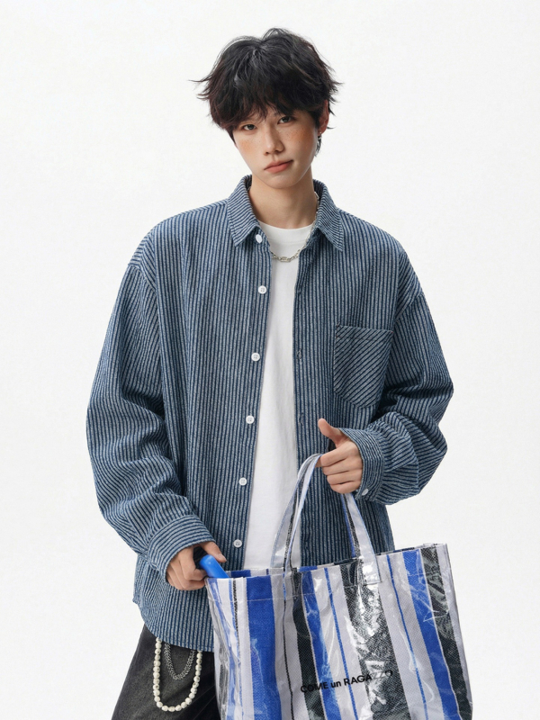 Vintage csíkos mosott denim hosszú ujjú ing, férfiaknak, tavaszi laza szabás, hátoldali elválasztó dizájn, japán stílus