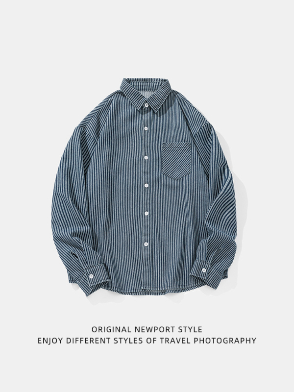 Vintage csíkos mosott denim hosszú ujjú ing, férfiaknak, tavaszi laza szabás, hátoldali elválasztó dizájn, japán stílus