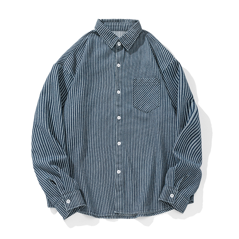 Vintage csíkos mosott denim hosszú ujjú ing, férfiaknak, tavaszi laza szabás, hátoldali elválasztó dizájn, japán stílus