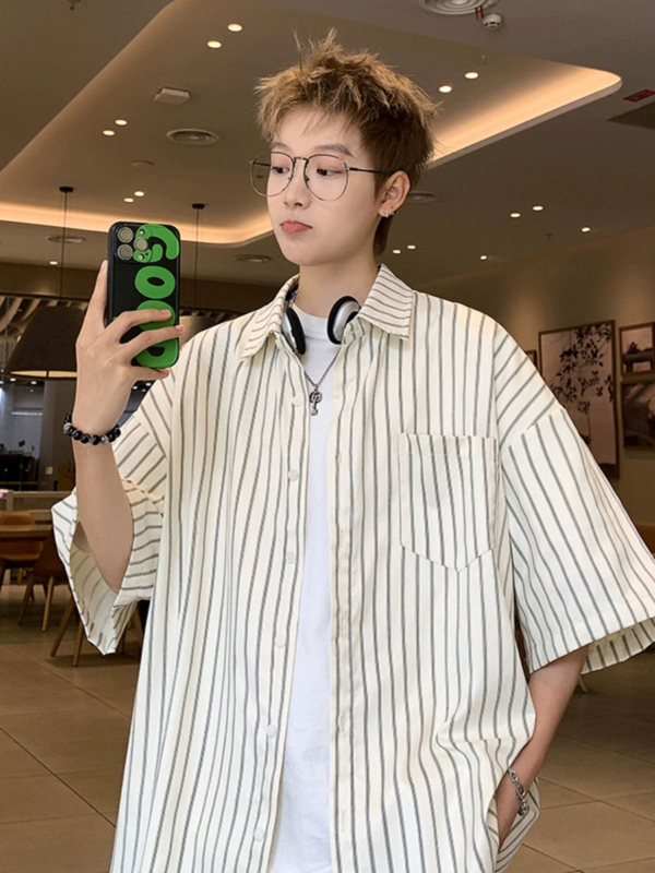 Férfi francia csíkos ing, nyár 2024, laza oversize szabás, sokoldalú streetwear felső