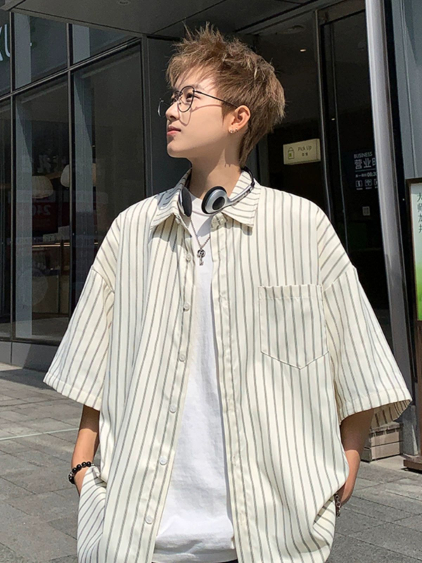 Férfi francia csíkos ing, nyár 2024, laza oversize szabás, sokoldalú streetwear felső