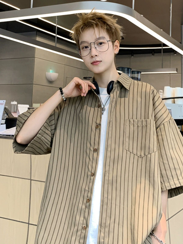 Férfi francia csíkos ing, nyár 2024, laza oversize szabás, sokoldalú streetwear felső